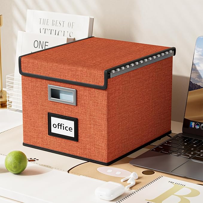Huolewa Portable File Organizer Box with Lid, Large Linen Hanging Office Document Storage Box with Lid, Collapsible Filing&Storage Box for Office/Decor/Home - 14.9 x 12.7 x 10.8 inch
