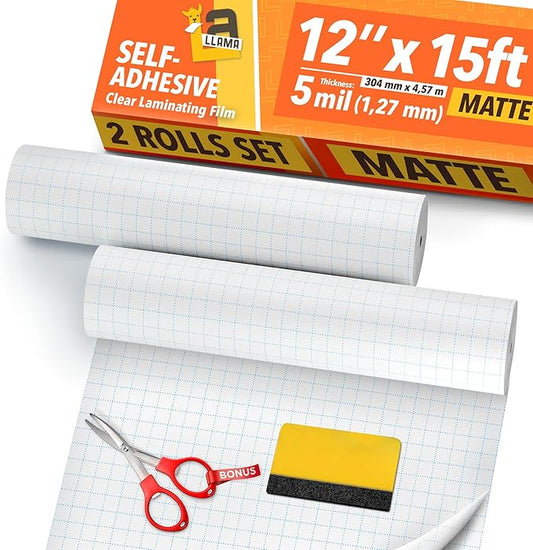 Matte Laminating Roll 2-Pack 12” x 15ft - 5 MIL Self Adhesive Durable Clear Matte Vinyl Laminate Roll for Anti-Glare Surface