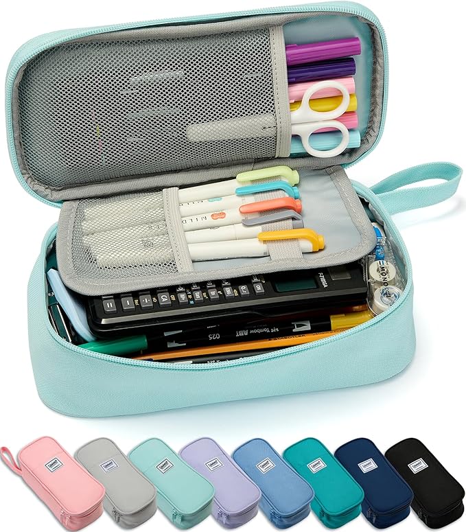 Pencil Case Pouch Box Bag School Supplies Girls Boys Kids, Cute Preppy Stuff Large Big Capacity Aesthetic Pen Organizer, Back to College Stationary, Powder Blue, Classic Stlye, 1800ml