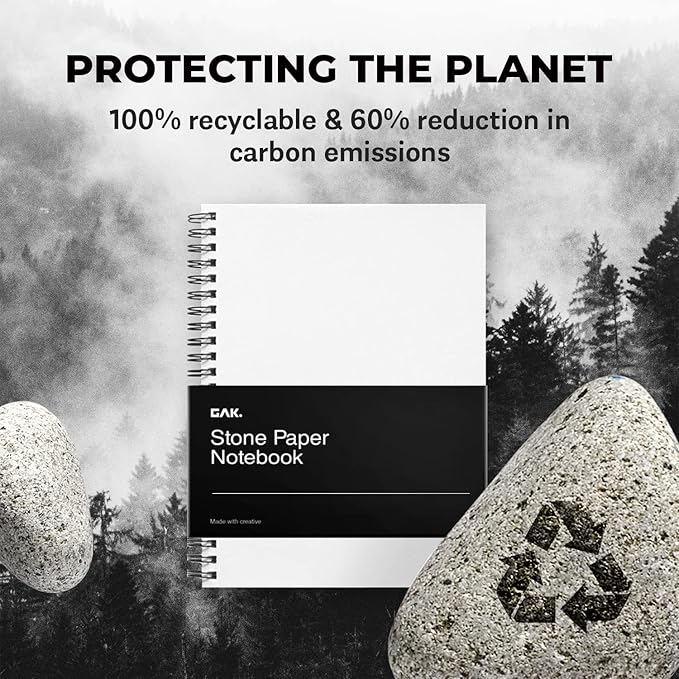 GAK. Stone Paper Waterproof Sheet Spiral Notebook (M Size) – 5.8”x8.3”, 50 sheets, Stone Paper Notebook Journal Note Taking Waterproof Notepad College Ruled Paper Black Notebook Aesthetic School