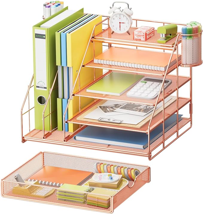 Marbrasse Desk Organizer with File Holder, 5-Tier Desk Organizers and Accessories with Drawer and 2 Pen Holder, Mesh Paper Letter Tray, Desktop Organizer and Storage for Office Supplies (Rose Gold)
