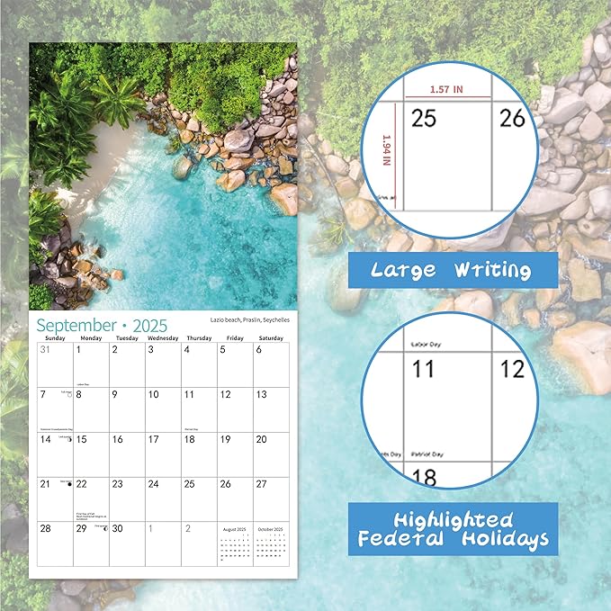 2025 Wall Calendar,Calendar 2026, July 2025 - December 2026, Wall Calendar Beaches, 12" x 24" Opened,Full Page Months Thick & Sturdy Paper for Calendar Organizing & Planning