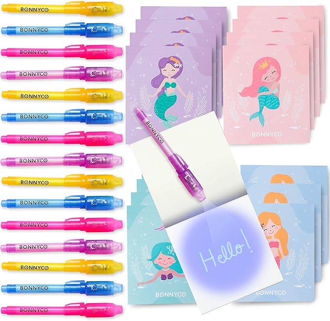BONNYCO Invisible Ink Pen and Notebook Pack 16 Mermaid Party Favors for Kids, Magic Spy Pen Goodie Bags Stuffers for Kids, Mermaid Party Supplies, Goody Bag Stuffers | Return Gifts Birthday Prizes
