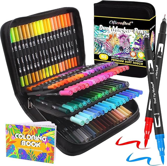 Brush Pens, 105 Colors Dual Tip Markers for Adult Coloring Books, Note Taking and Lettering