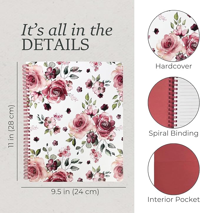 Steel Mill & Co Cute Large Spiral Notebook College Ruled, 11" x 9.5" with Durable Hardcover and 160 Lined Pages, Rose Floral