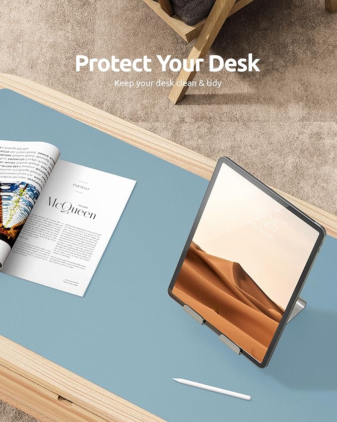 YSAGi Leather Desk Protector, Office Mat, Large Mouse Mat, Non-Slip PU Leather Blotter, Laptop Desk Pad, Waterproof Writing Pad for Office and Home (Ice Blue, 23.6" x 13.8")