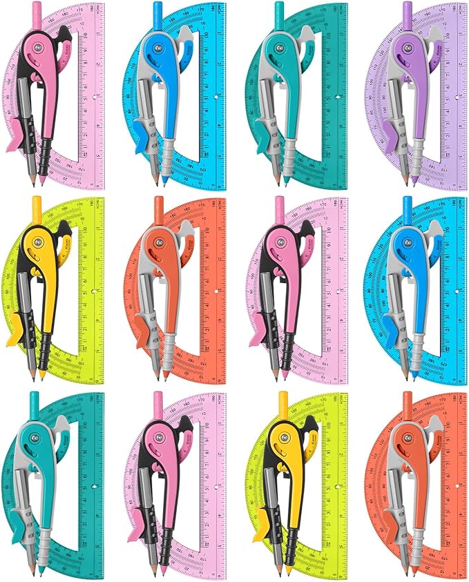 Chengu 12 Set Compass and Protractor Set, Multicolor Compass Geometry Tool 6 Inch 180 Degree Translucent Protractors for Geometry, Math Graphing Drawing Tools for Office and School Supplies
