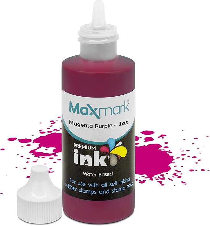 MaxMark Premium Refill Ink for self Inking Stamps and Stamp Pads, Magenta Purple Color - 1 oz.