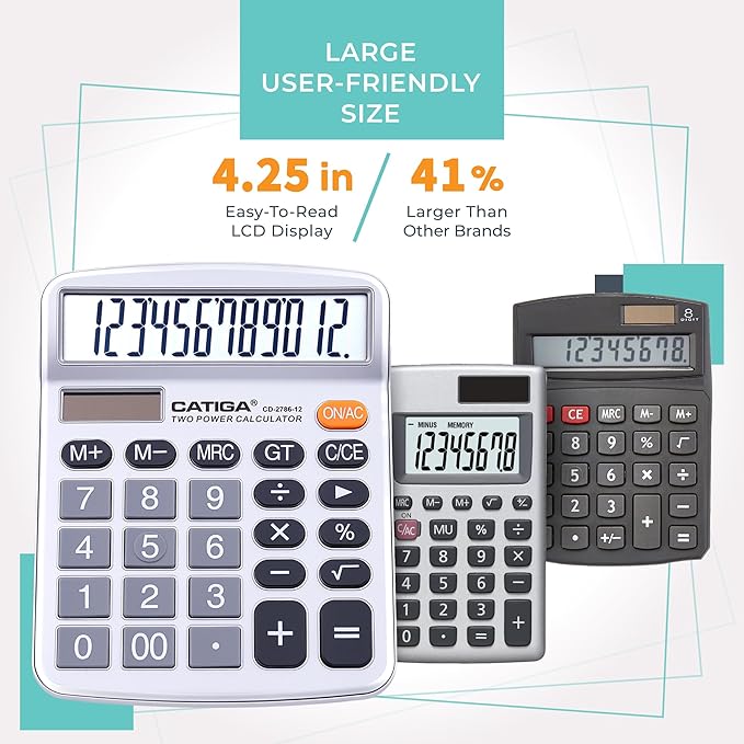 CATIGA 12 Digits Desktop Calculator with Large LCD Display, Dual Solar Power and Battery, Standard Function for Office, Home, School, CD-2786