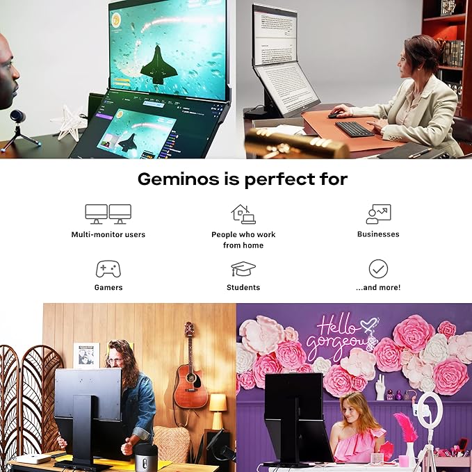 Mobile Pixels Geminos (2 x 24 inch) IPS Dual Stacked Computer Monitors with 65W USB-C Charging, 1080P Webcam&Speakers, All-Inclusive Workstation PC Monitor, USB-A/USB-C/HDMI, Ergo Design(2 Monitors)