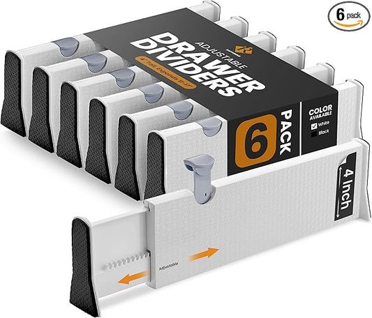 RAPTUROUS Adjustable Drawer Dividers 6 Pack, 4” High, 11-17” Long, Dresser Drawer Organizer for Bedroom, Closet, Kitchen, Nursery, Office, Strong Hold, Soft Foam Edges, White