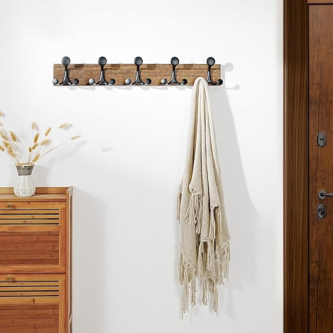SKOLOO 24-Inch Wood Burnt Coat Rack Wall Mount with 5 Triple Hooks - Ideal for Family Entrances, Classrooms, and Pet Supplies Storage - Perfect Coat Hooks for Wall, Pack of 2