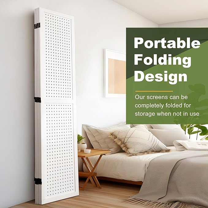 NicBex Room Divider 4 Panel Pegboard Display 5.6FT Wood PegBoard Room Dividers, Folding Privacy Screens Portable Display Board Wall Divider for Craft/Art Shows, Room Separation, White