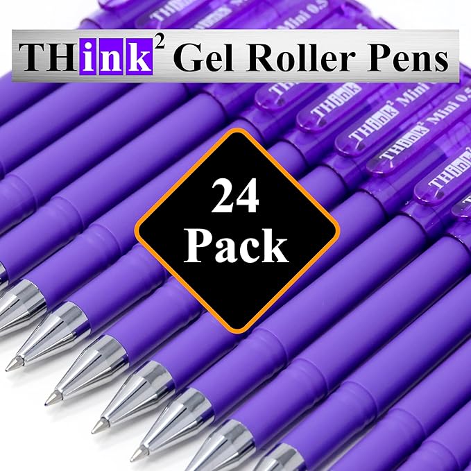 THINK2MASTER [24 Pens - Purple Ink Think2 0.5mm Pocketable Mini Gel Pens. (24 Purple) Fine Point Small Rollerball Pens with Smooth Quick Drying Ink.