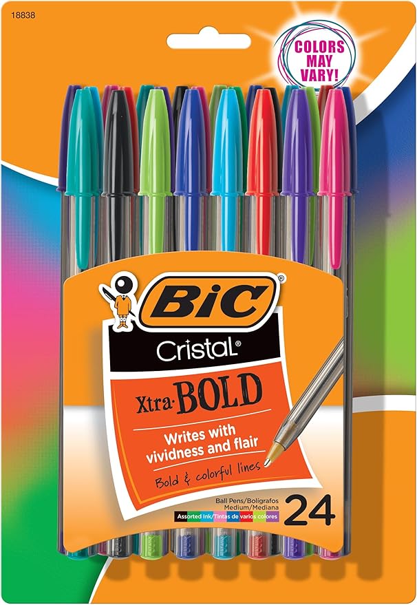 BIC Cristal Xtra Bold Ballpoint Pens, Bold Point (1.6mm) For Vivid And Dramatic Lines, Assorted Colors, 24-Count Pack, Perfect Ink Pens