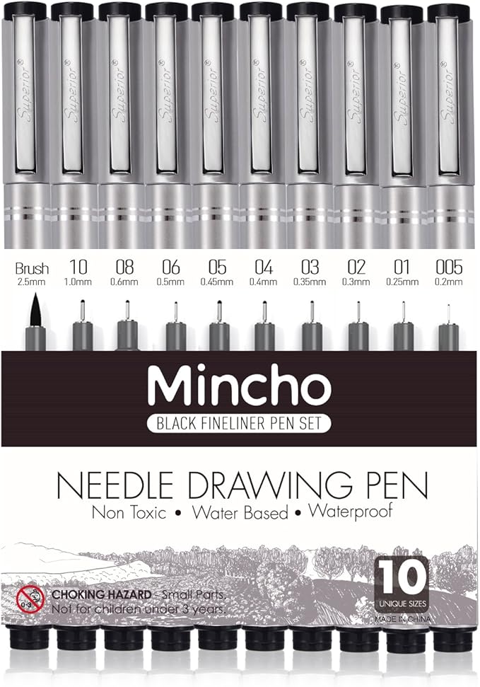 Set of 10 Black Micro-Pen Fineliner Ink Pens, Anti-Bleed & Waterproof Archival ink,Brush & Calligraphy Tip Nibs - Artist Illustration, Office Documents, Scrapbooking, Technical Drawing