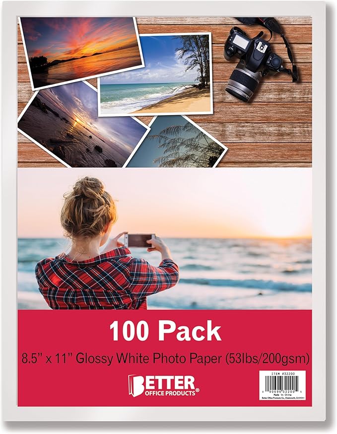 Better Office Products Glossy Photo Paper, 8.5 x 11 Inch, 100 Sheets, 200 gsm/53LBS, Letter Size, 100-Count Pack