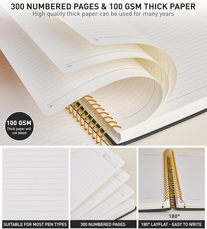 B5 Spiral Notebook Journal 7.6” x 10”, 300 Numbered Pages Hardcover Leather Journals for Women Men, Large Lined College Ruled Notebooks, 100GSM Thick Paper, Spiral Bound Journal for Work School, Black