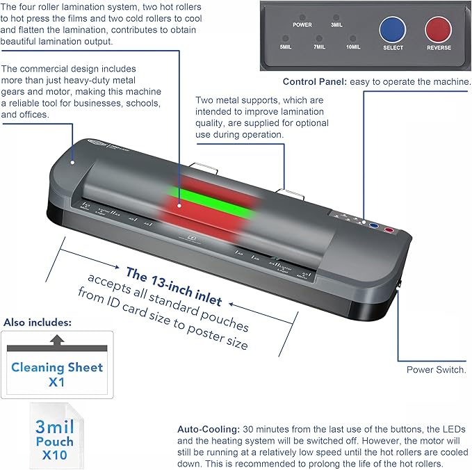 SINCHI 13-Inch Thermal Laminator & Foil Applicator, 3–10 Mil, 4-Roller, 55s Warm-Up, 40 in/Min, Auto Shutoff, Commercial-Grade Laminating Machine with 10 Pouches for Office, School, Crafts & DIY