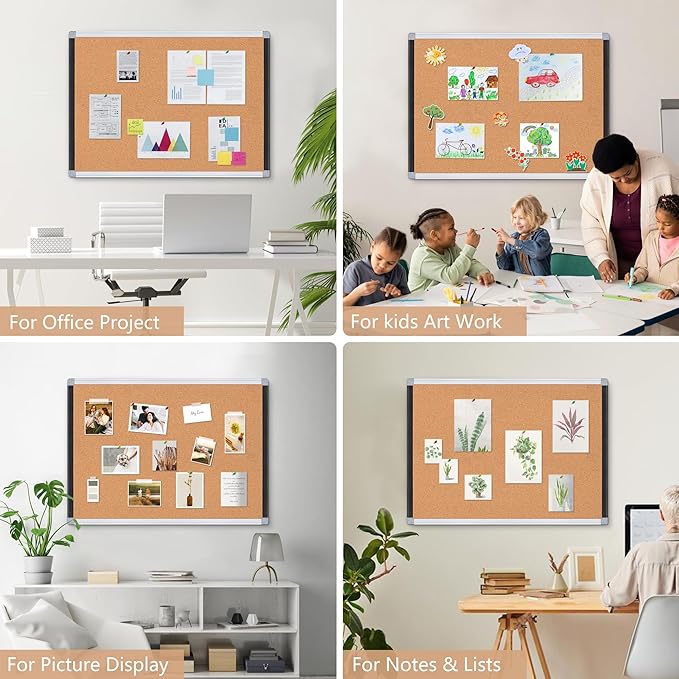 Board2by 2 Pack Cork Bulletin Board 20" x 30", Black/Silver Aluminium Framed Corkboard, Office Board for Wall Decor, Large Wall Mounted Notice Pin Board with 36 Push Pins for School, Home & Office