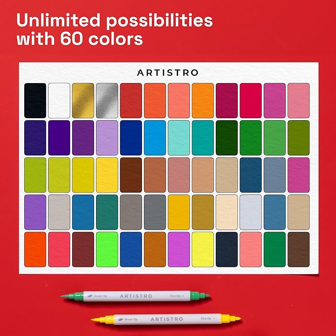 ARTISTRO 60 Dual Tip Fabric Markers - Acrylic Drawing Markers for All Ages & Levels - Fabric Paint Pens for Personalizing Clothes, T Shirts, Bags, Canvas, Textiles (Brush + Fine)