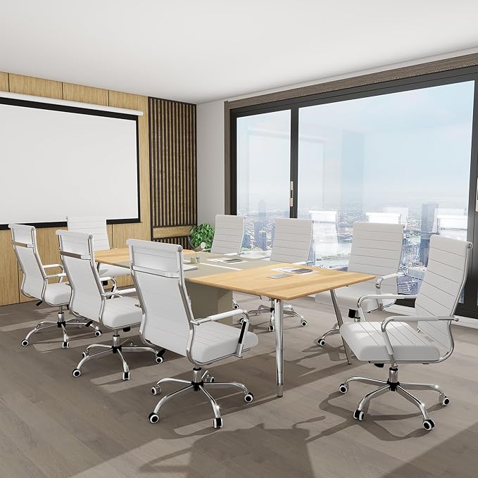 Home Office Chair Ribbed, Modern Leather Conference Room Chairs, Ergonomic Office Desk Chair, High Back Executive Computer Chair, Adjustable Swivel Chair with Arms (White)