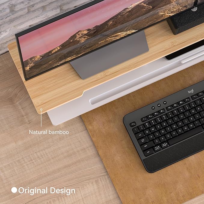 Monitor Stand Dual Monitor Stand Riser for Desk,Wood Desk Shelf Storage Organizer with Phone Tablet Holder (42.5 Inch, White & Natural Bamboo)