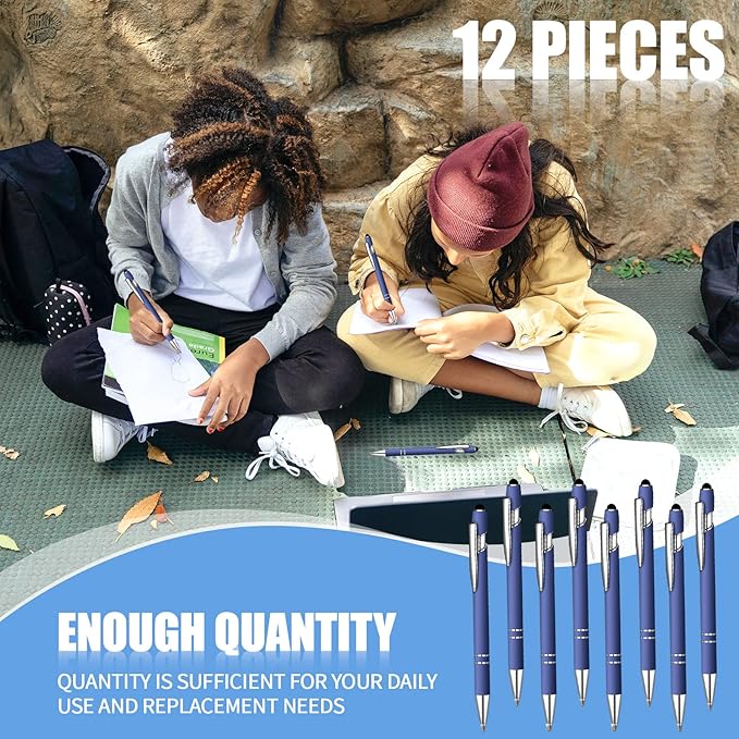 12 Pcs Blue Ink Ballpoint Pen with Stylus Tip, 1.0 mm Metal Pen Stylus Pen for Touch Screens, 2 in 1 Thank You Pen Gift for Friends, Colleagues, Coworker, Office, Family(Blue Black)