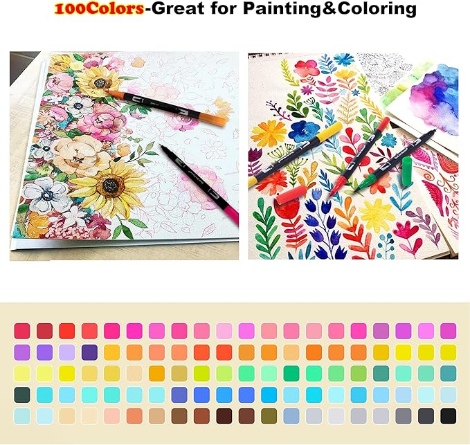 Dual Markers Brush Pens, 100 Coloring Pens and Fine Tips – Premium Art Supplies for Kids & Adults, Perfect for Coloring Books, Hand Lettering, Calligraphy, and Drawing