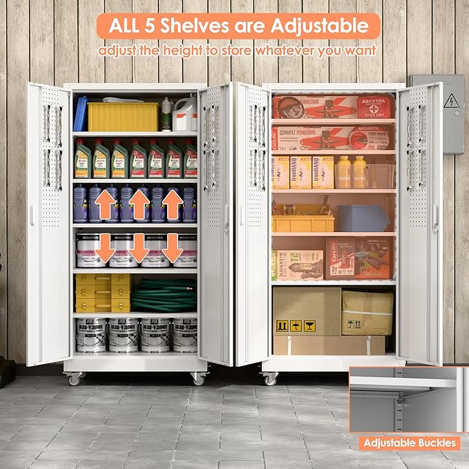 Aobabo Metal Storage Cabinet with Wheels,Heavy Duty Office Storage Cabinet with Lock,Steel Cabinet with 2 Doors and 5 Adjustable Shelves for Office Home School Storage,Required-Assembly White