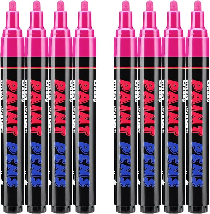 Pink Paint Pens Paint Markers - 8 Pack Permanent Quick Dry Waterproof Marker Pens for Rocks Wood Fabric Plastic Canvas Glass Mugs Metal Tire Stone