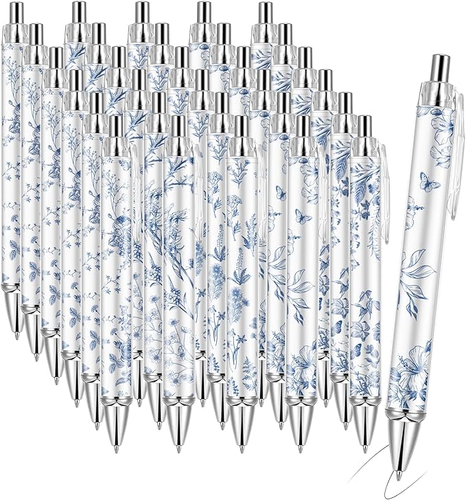 30PCS Blue and White Porcelain Pen 0.5mm Black Ink Fancy Pens Smooth Writing Retractable Ballpoint Pens for Journaling Aesthetic Office Supplies (BlueandWhitePorcelain, 30)