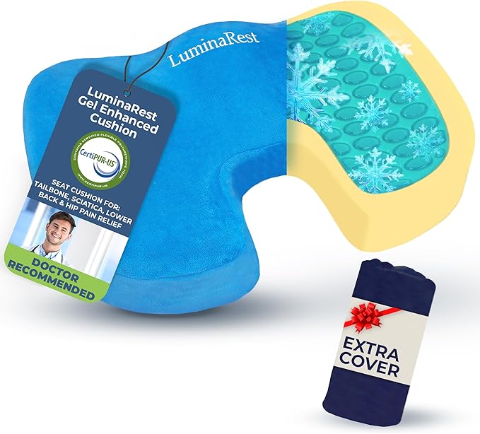 LuminaRest® Gel Enhanced Seat Cushion for Long Sitting – CertiPUR-US® Certified Memory Foam – Tailbone Pain Relief Cushion, Adaptable for Office, Car, Airplane & Wheelchair – (Blue)
