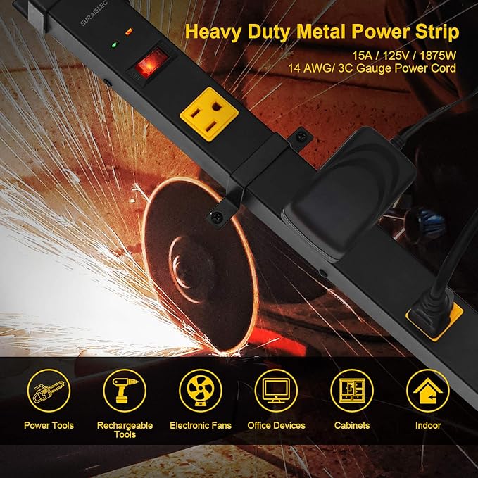 SURAIELEC 10 Outlet Long Power Strip Surge Protector, Industrial Heavy Duty Metal Shop Power Strip with Flat Plug, 1000 Joules, 15 AMP Breaker, 6FT Cord, Wall Mountable, for Work Bench, Shop, Garage