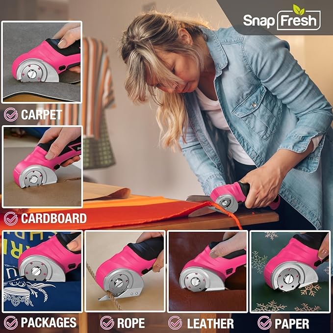 SnapFresh Cordless Electric Scissors- 4V Mini Cardboard Cutter for Boxes, Carpet, Paper – Rotary Cutter for DIY Projects, Safety Box Cutter with Battery & Type-C Cable(Hot Pink)