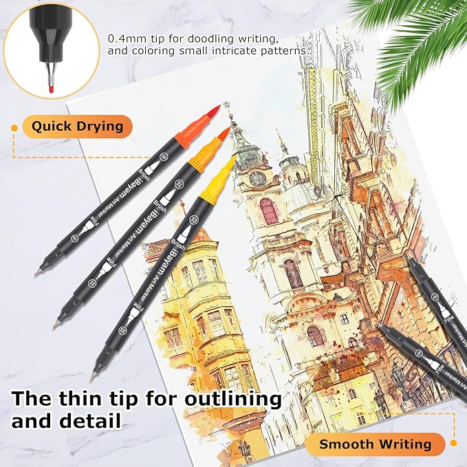 iBayam Dual Brush Marker Pens, 36 Colors Fine Tip Markers, Double Tip Brush Pens for Adult, Coloring Marker for Coloring Book, Cute School Supplies, Arts and Crafts Office Desk Supplies