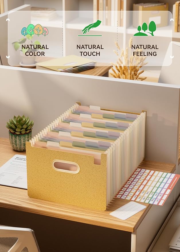 Accordion File Organizer, 26 Pockets Wheat Straw Expanding File Folders, Upright&Open Top, A-Z Bill Receipt Organizer, 100% BPA Free, Return to Nature, Healthy Living, Letter/A4 Size-Wheat Yellow