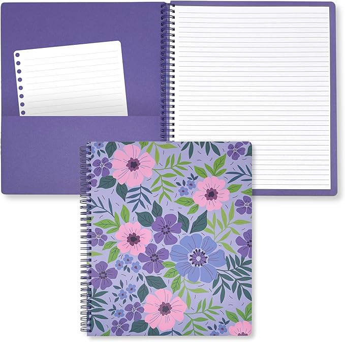 Steel Mill & Co Cute Large Spiral Notebook College Ruled, 11" x 9.5" with Durable Hardcover and 160 Lined Pages, Lilac Floral