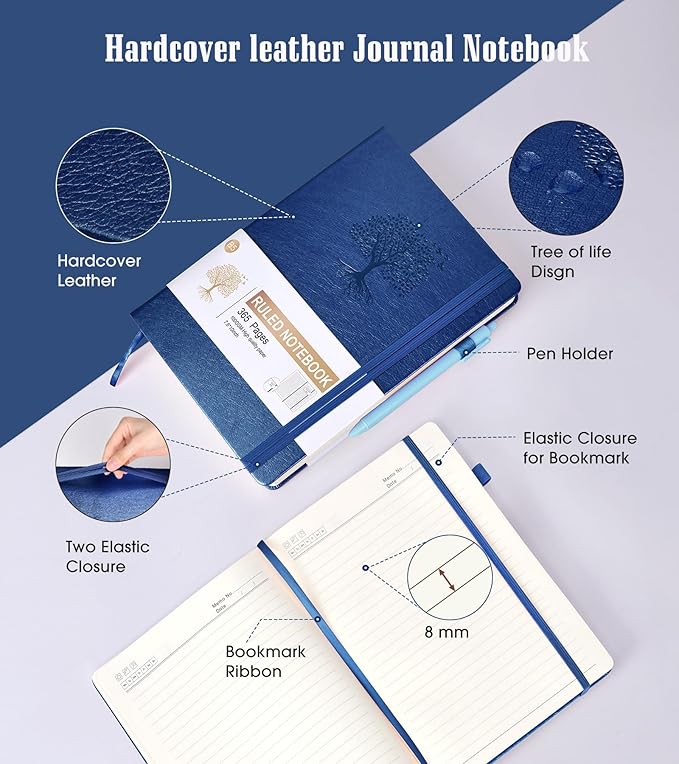Lined Journal Notebook, 365 Pages B5 Large Journals for Writing Ruled Notebook, Hardcover Leather Journal for Women Men, Daily Notebook for Work, Note Taking, 100Gsm Thick Paper (7.6'' X 10''Darkblue)