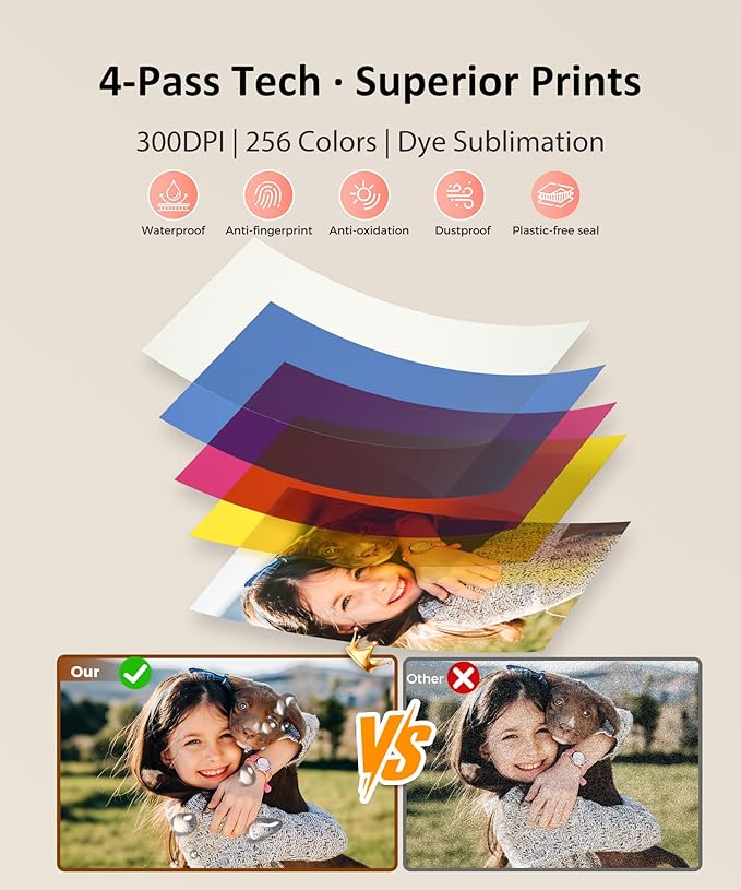 CP4100 4x6 Photo Printer with 108 Sheets & 2 Ribbons, Full-Color Thermal Dye Sublimation Wi-Fi Printing, Portable Instant Picture Printer for iPhone/Android, AR Video, Fun App, Home Use, Beige