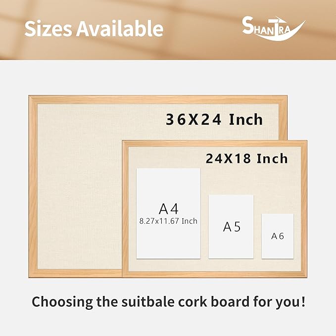 SHANTRA 24 x 18 Inch Bulletin Board with Beige Fabric, Wood Framed Canvas Cork Board, Corkboard for Walls with 10 Pins, Decorative Vision Board, Wall Mounted Notice Board for Home, Office, School