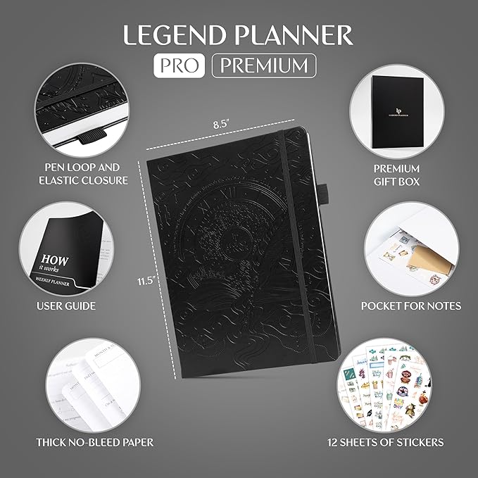 Legend Planner PRO Premium – Large Undated Weekly, Monthly & Budget Planner with Habit Tracker – Life Organizer for Time & Task Management, Goal Setting & Productivity – A4 Size (Black, New Cover)
