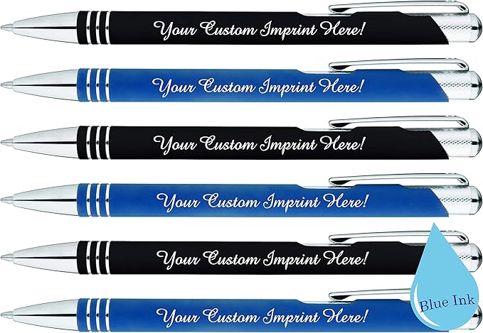 ExpressDesigns™ - Blue Ink Personalized Pens Rubberized - The Cameron - Custom Printed Name Pens - Imprinted with Logo or Message - Includes Personalization - 6 Pack (Assorted)