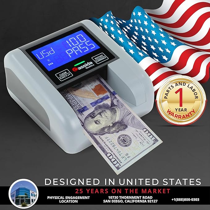 Cassida Quattro Fast Automatic Currency Counterfeit Detector with Advanced Sensors (UV,MG,IR,MT,Thickness,Size) - All-Orientation Feeding - Rechargeable Battery - 3.5" Value & Pass/Fail Display