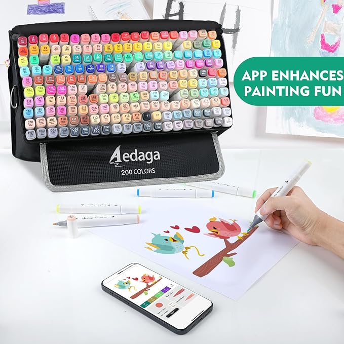 200 Colors Alcohol Markers with Free App, Dual Tip Art Marker with Kickstand Case for Artists Adults and Kids. Alcohol Based Markers for Coloring Painting Sketching and Drawing, Great Gift.