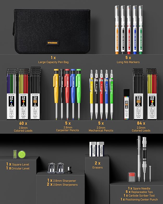 49 Pack Carpenter Pencil Set with Sharpener, Carpenter Pencils with Deep Hole Long-Nib Marker Pens, Carbide Scribe Tool & Construction Pencil for Architect Woodworking with Case