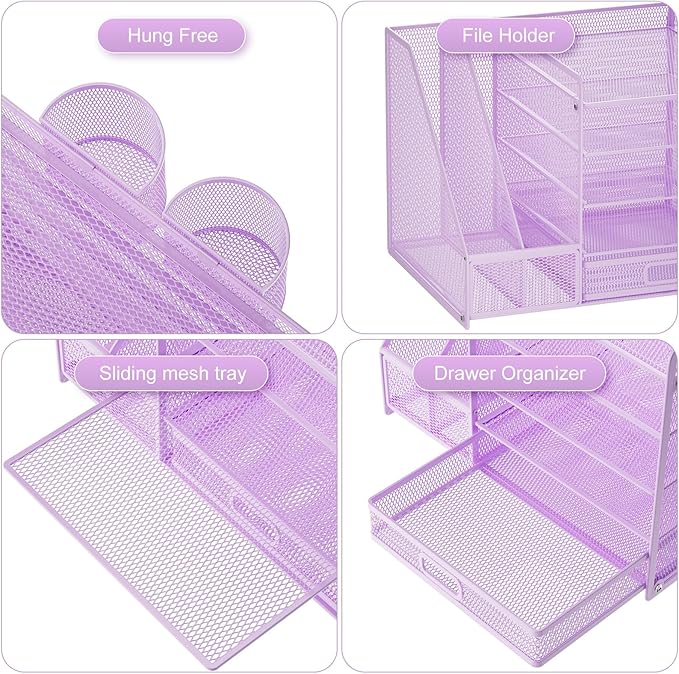 Marbrasse Desk Organizer with File Holder, 5-Tier Paper Letter Tray Organizer with Drawer and 2 Pen Holder, Mesh Desktop Organizer and Storage with Magazine Holder for Office Supplies(Purple)