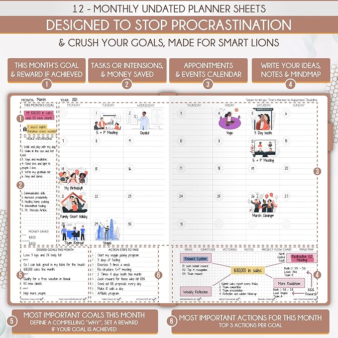 Life Planner - Undated Daily, Weekly & Monthly Planner with Budget Section | A 12 Month Journey to Increase Productivity & Happiness | Life Organizer & Gratitude Journal - Horizontal Format