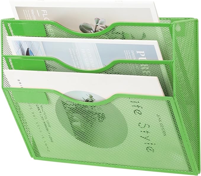 EASEPRES 3 Pocket Mesh Hanging Wall File Organizer, Wall Mounted Mail Paper Document Folder Holder, Clipboard Storage Organization Magazine Rack with Nametag Label for Office Home School, Green