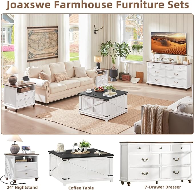 24" Wide Farmhouse Nightstand Set of 2 with Charging Station,End Table with 2 Drawers,White Wood Dresser for Bedroom Cabinet, Bed Side Table Chest of Drawers, Night Stand for Living Room, Closet